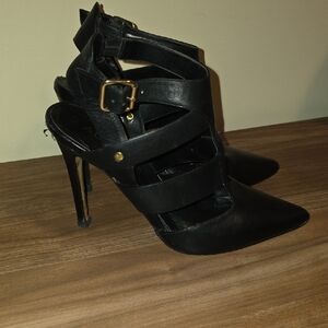 Aldo Black Strappy Heels with Gold Buckle